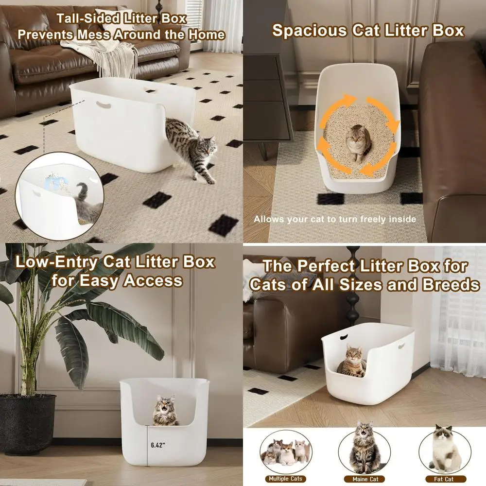 

Large High-Sided Low-Entry Open-Top Cat Litter Box for Multiple Cats, 22.6x15.4x13.9, White