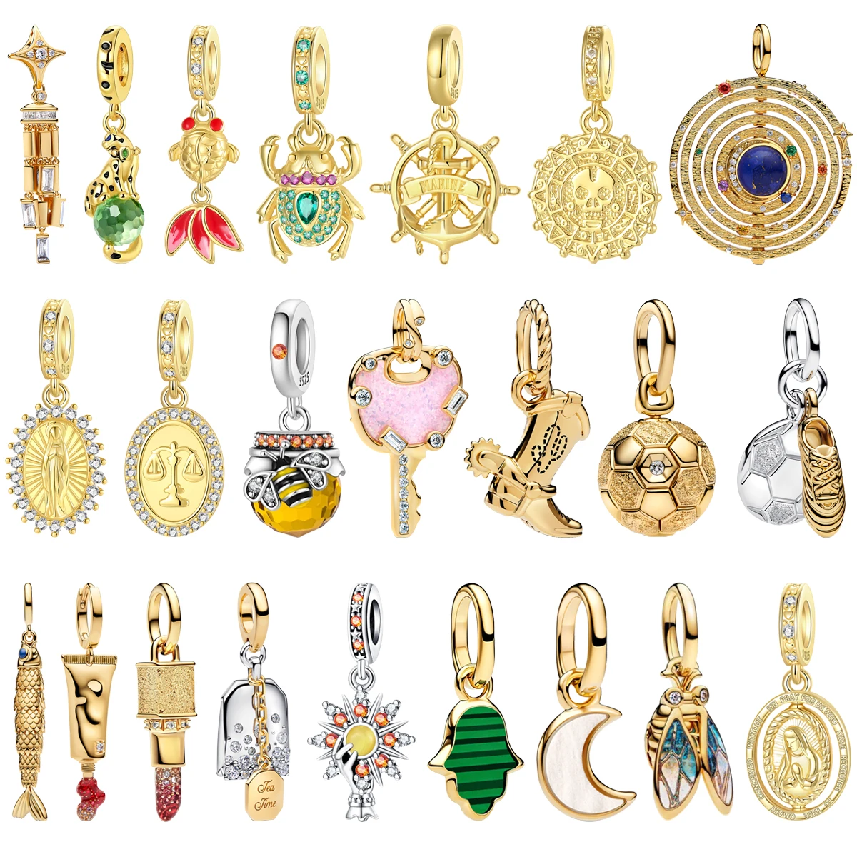 Hot Sales 925 Sterling Silver Golden Charms Castle Cosmetics Heart Leopard Goldfish Beads Pendant Fit DIY Bracelet Jewelry Gifts