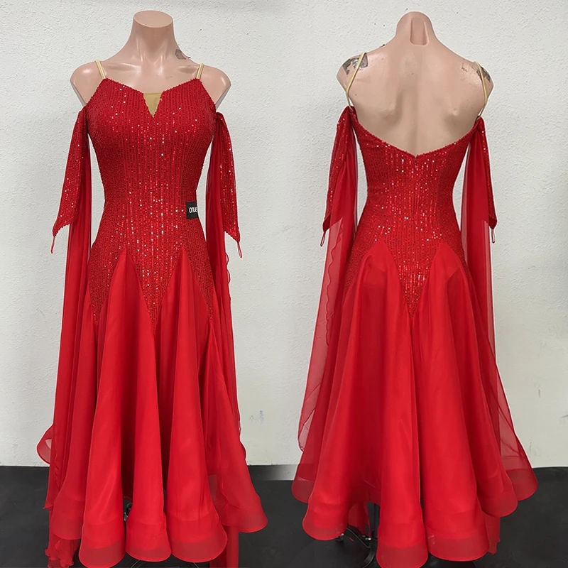 

Off Shoulder Ballroom Dancing Dress Waltz Competition Sequin Red Long Dresses Standard Modern Dance Performance Costume AMY2286