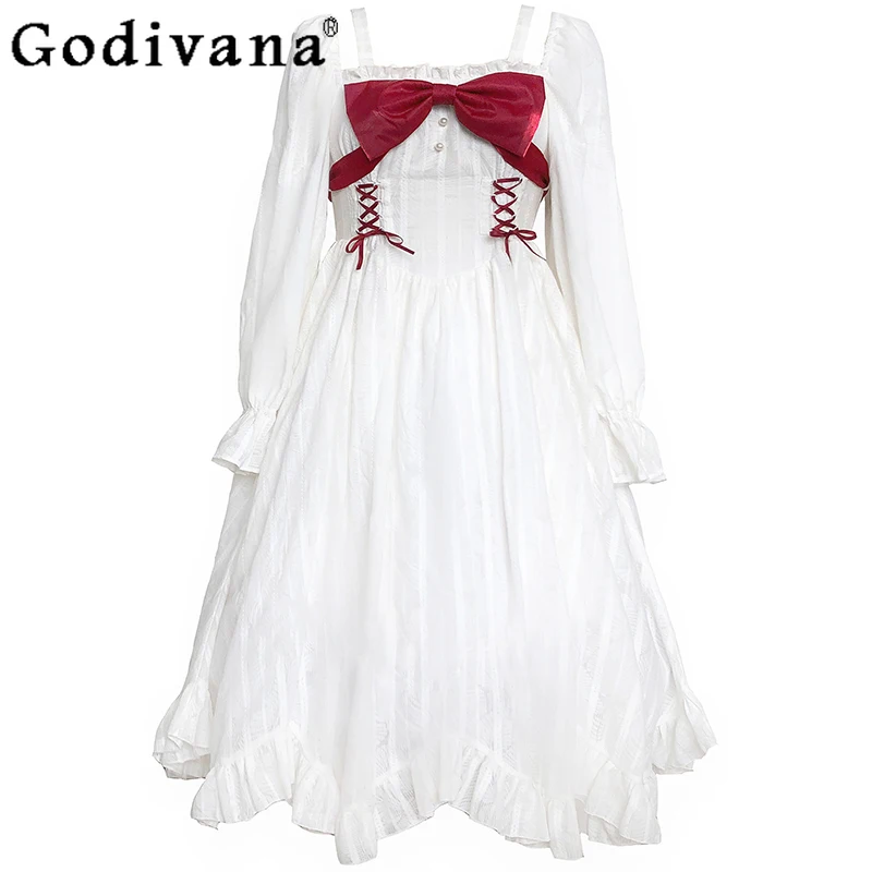 

Elegant Slash Neck Long Sleeve Sweet Bow Ruffles Petal Big Swing Dress 2025 Girls Summer New White Square Neck Lace-up Dresses