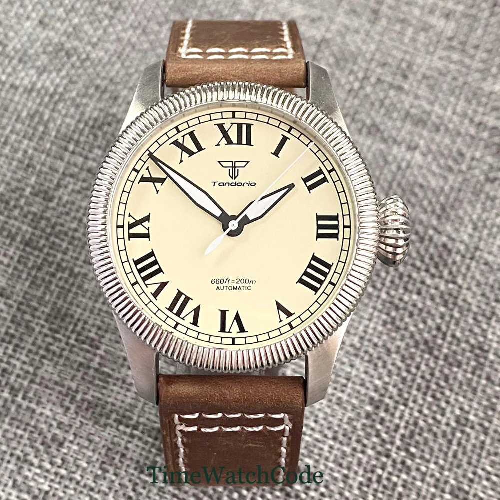 Vintage Tandorio Automatic Diver Watch for Men 39mm 200m Water Resistant Coin Bezel NH35 PT5000 Sapphire Crystal Leather Strap