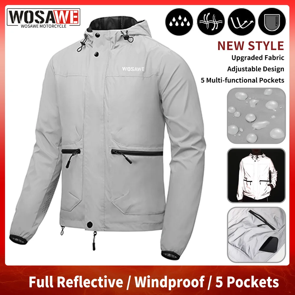 

WOSAWE Motorcycle Full Reflective Jacket Men Women Night Shiny Windbreaker Street Riding Hip Hop Loose Hooded Coats with Pockets