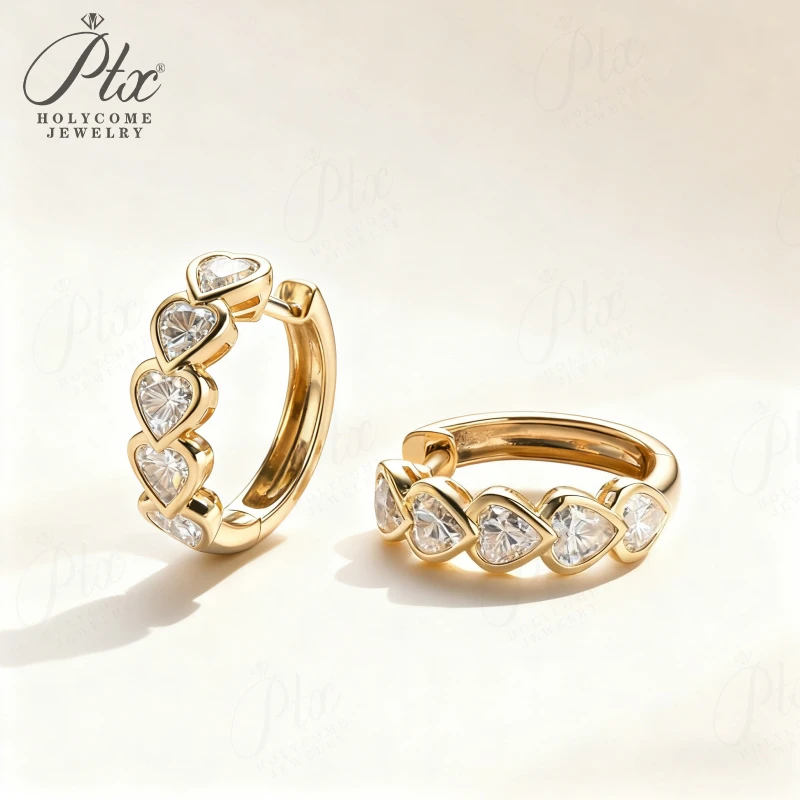 

Pave Hoop Earrings Lab Grown Diamond Five-Heart Half-Circle10K 14K 18k Gold 925 Silver Anniversary Gift Hypoallergenic No Fade