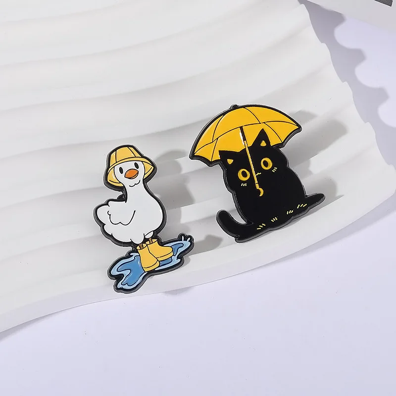 Creative Animal Black Cat Duck Brooch Pins Cute Cartoon Duck Worker In Boots Resting Cat Enamel Lapel Pin Accessory Gift For Fri