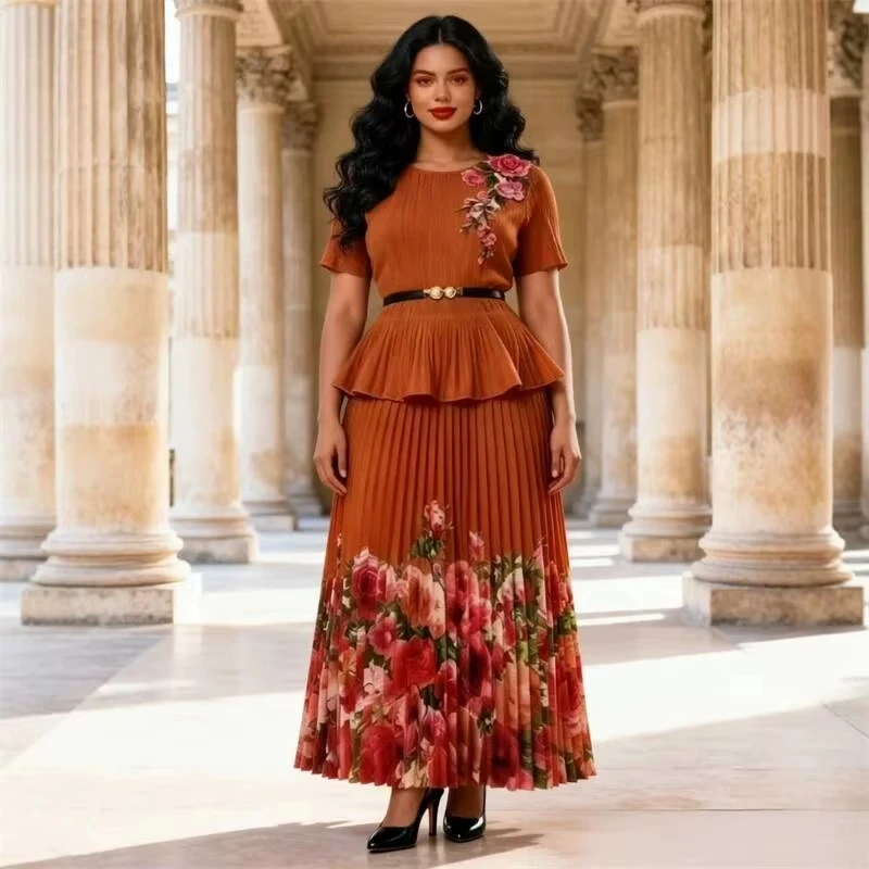ANLAN Floral Print Pleated Two Piece Set For Women Embroidered Short Sleeve Belted Top And Elastic Waist Long Skirt 7AN0095