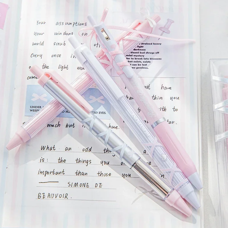 4pcs/box Sweet Ballet Series Gel Pen for Girl Chic Korean Pink Blue Color Bow Ribbon Stationery Gel Pen Cute Pen for Writing