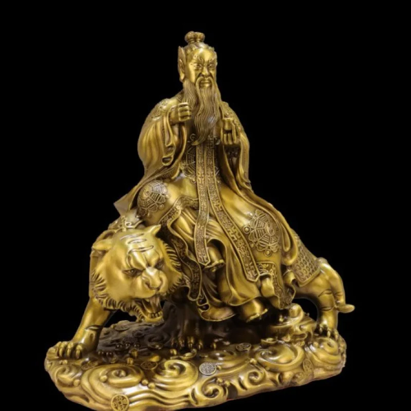 Brass statue of Zhang Tianshi riding a tiger, home worship ornament, statue of Zhang Daoling, the True One, holding a sword from