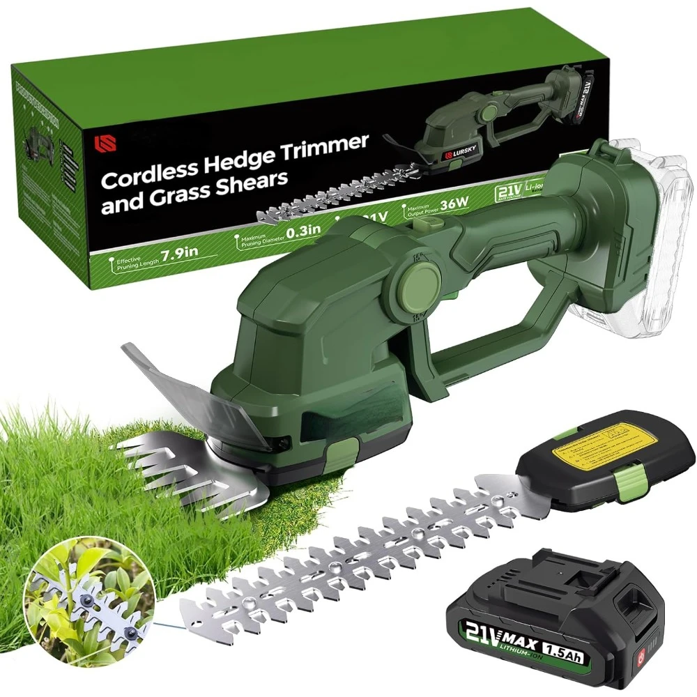 

Cordless Hedge Trimmer with Battery - 2-in-1 21V Grass Shears Handheld, Electric Shrub Trimmer Kit for Garden, Yard and Lawn