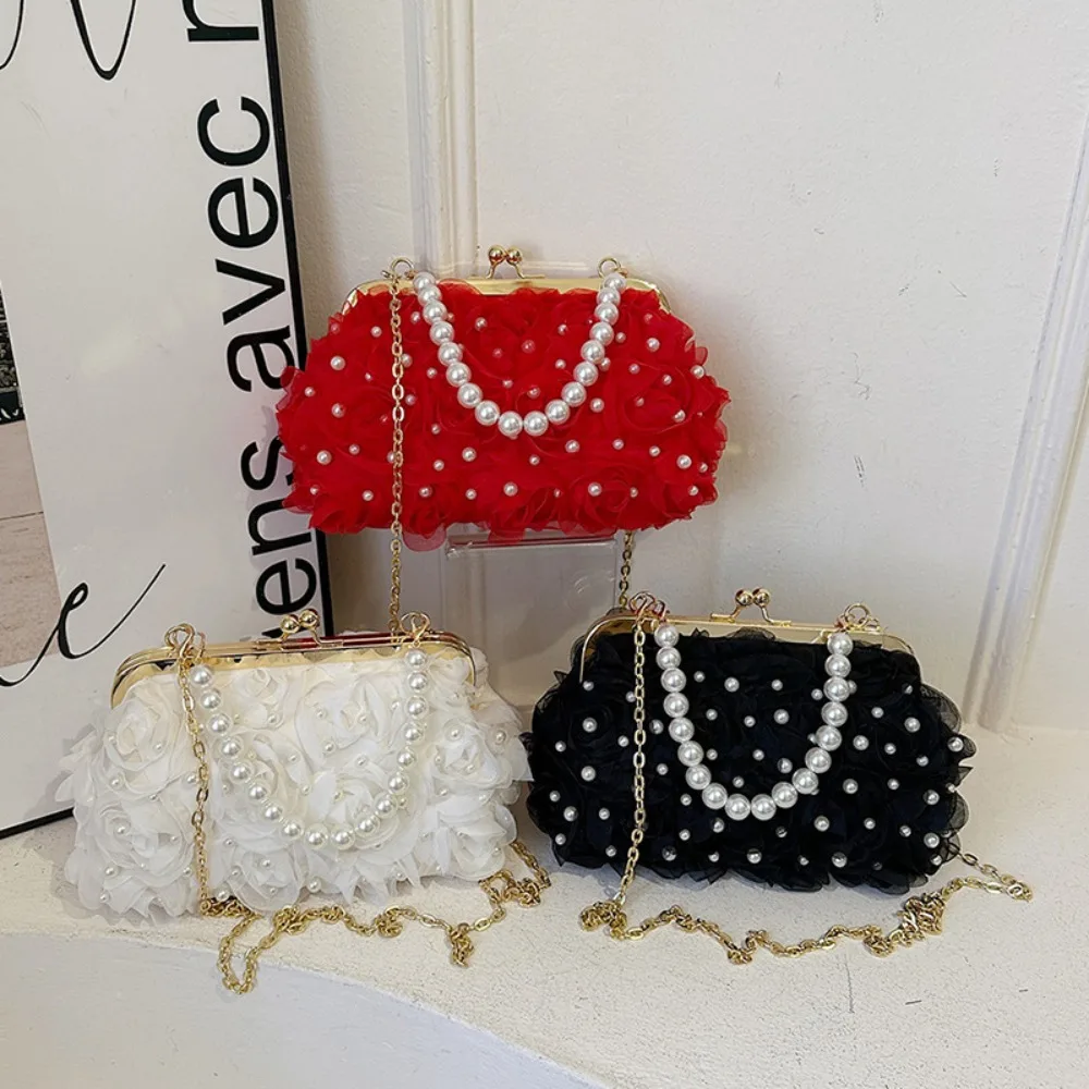 

Casual Rose Flower Evening Banquet Bag Pearl Elegant Pearl Chain Handbag Metal Chain Seashell Shape Crossbody Shoulder Bag Women