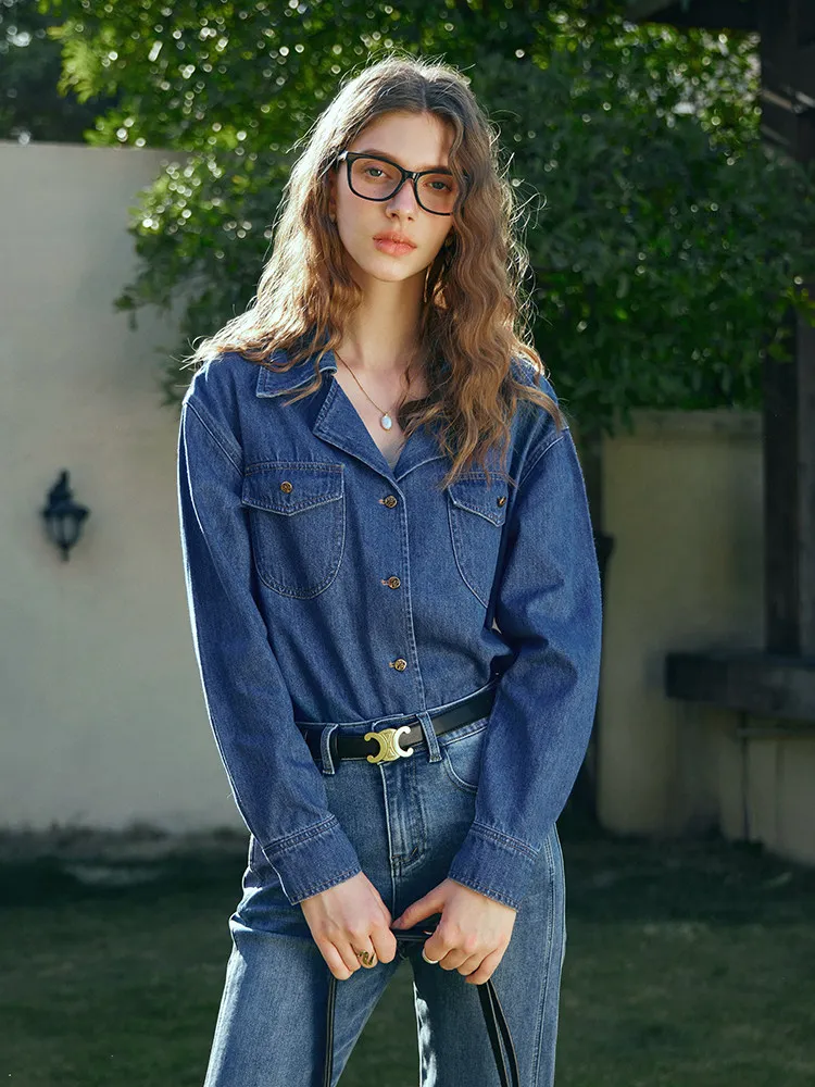 OLrain frauen Blau Denim Hemd Vintage Oversize Damen Tops Casual drehen-unten Kragen Tasche Gerade Weibliche Shirts O24CC83309