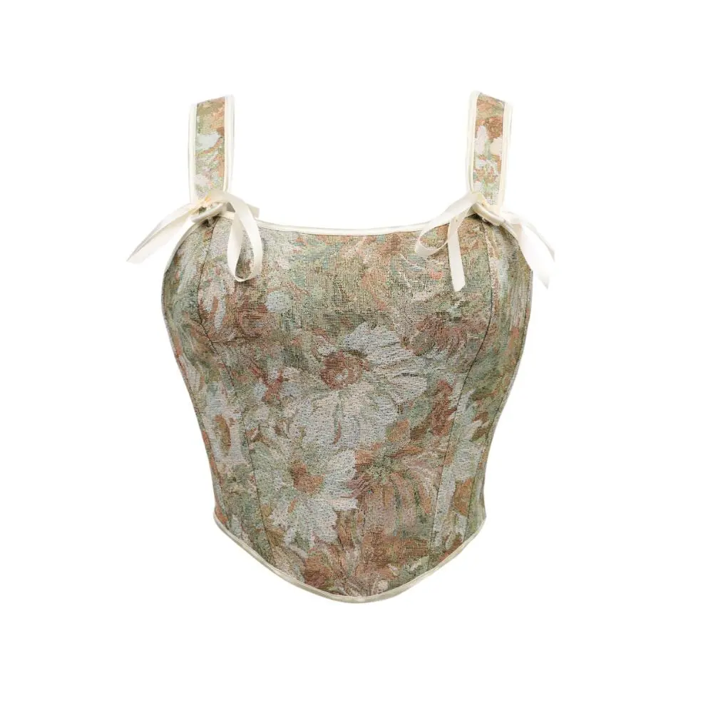 Damen Korsett mit Schleife, Spaghettiträgern und eckigem Ausschnitt im Vintage Cottagecore Stil mit floraler Jacquard-Tapisserie