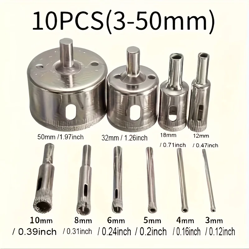 10-Piece Diamond Hole Saw Drill Set 3-50mm, Professional Core Drill for Tile Marble Glass, Sharp Tip Fit Hand & Impact Drill