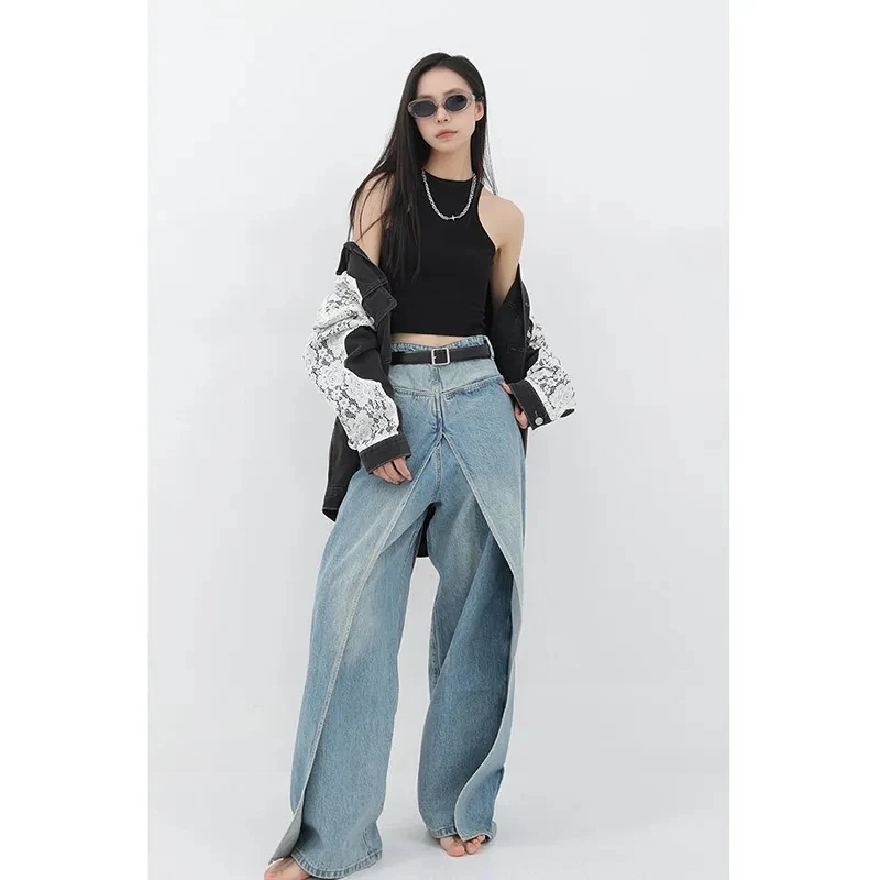 Women Blue Jeans Y2k Vintage High Waist Baggy Cowboy Pants Aesthetic Harajuku Denim Trousers 90s Trashy Emo 2000s Grunge Clothes