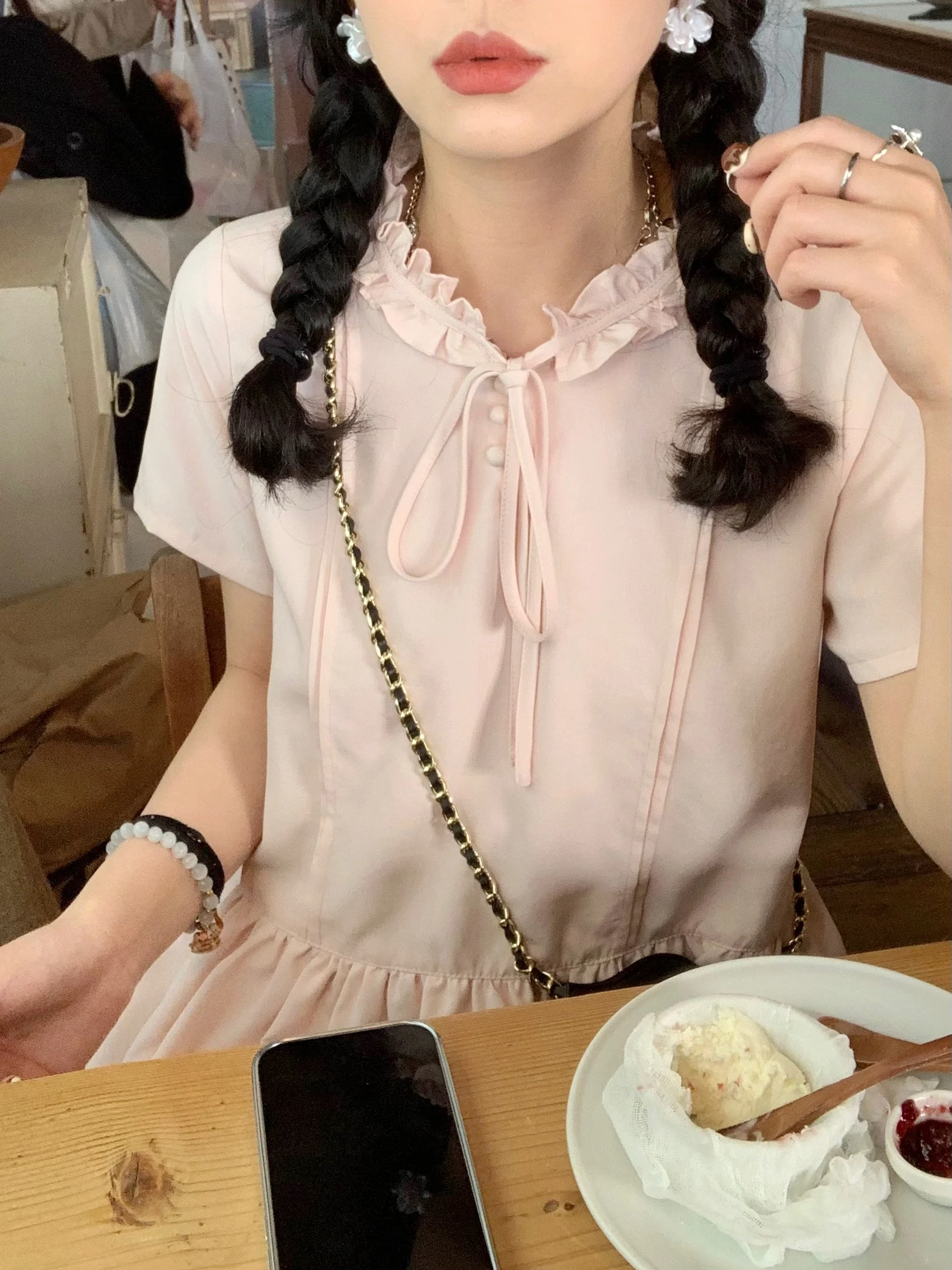 

Ourbase Loose Fluffy Lace Short Sleeve Dress Pink Korean Style Casual Travel Everyday A-Line Skirt Long Dress Slimming Effect