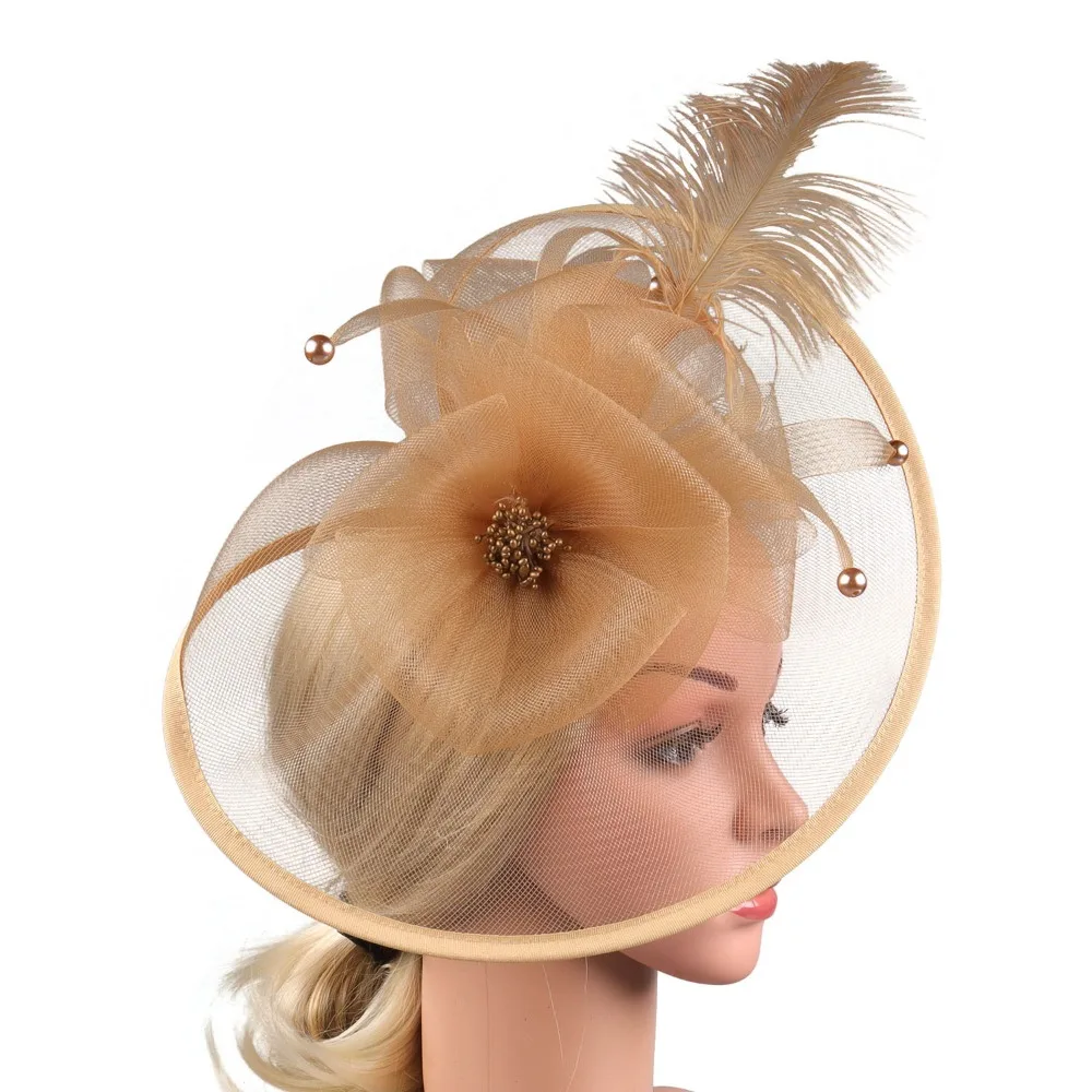 

Retro Exquisite Mesh Feather Headband Elegant Sweet Bride Headdress Pearl Hair Hoop 1920s Hair Accessories Dance Show
