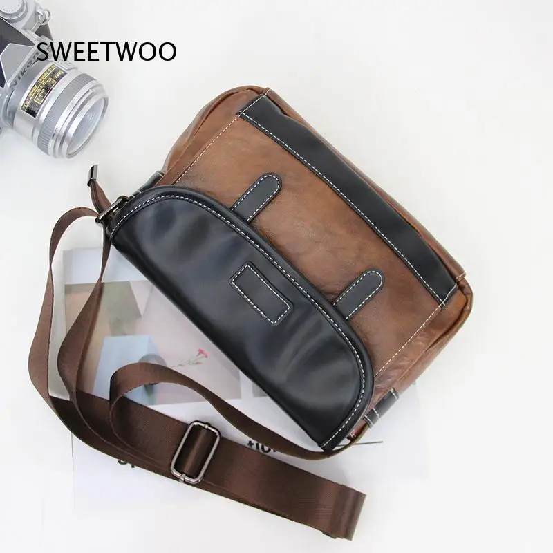 Men Vintage Color Block Faux Leather Messenger Bag Casual Crossbody Shoulder Bag Retro Flap Satchel Bag for Daily Work
