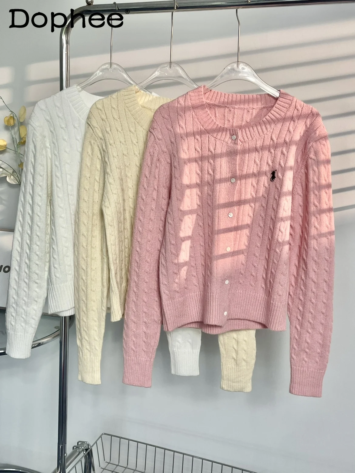 

Autumn New Pink Twist Knitted Cardigan Coat Women Soft Glutinous Elastic Slim Fit Commuter's All-Matching Round Neck Sweater Top