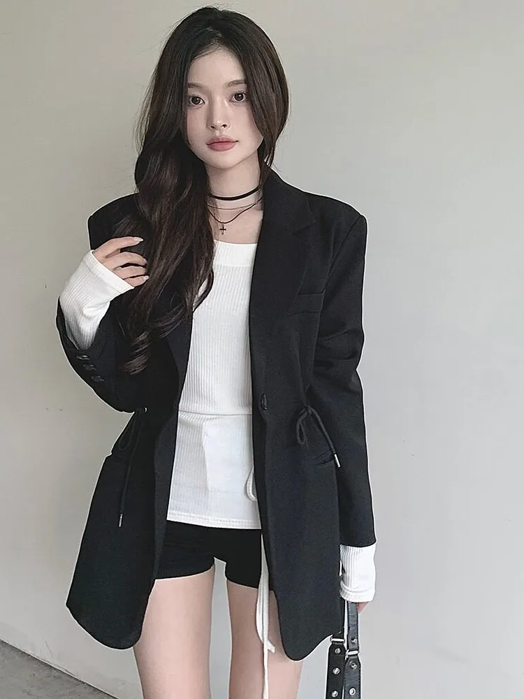 Chic Retro Drawstring Belted Women's Suit Jacket Autumn Winter New Style Slimming High-End Feel Korean Style Inner Wear