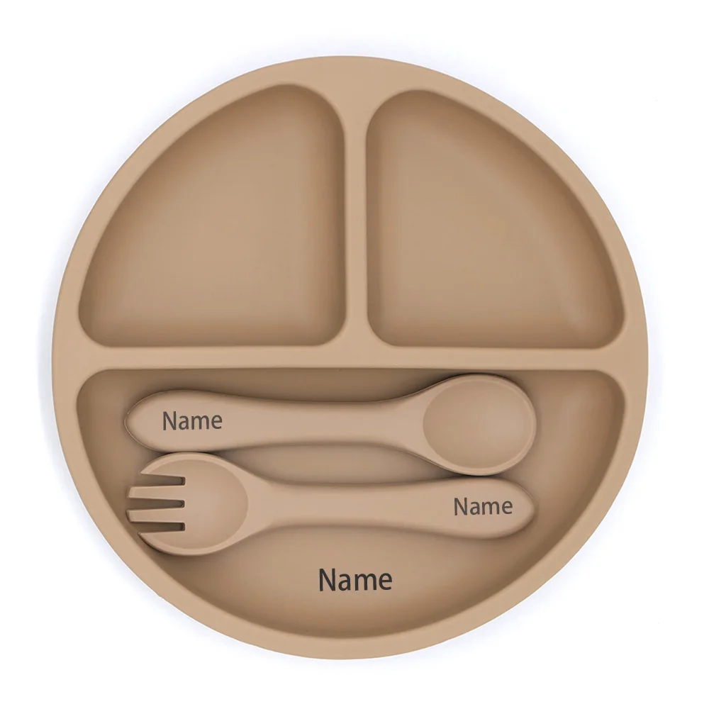 Darmowe nadruki imiennych, silikonowych naczyń dla dzieci: miseczka do karmienia, silikonowy widelec, łyżka, tacka, zestaw do nauki jedzenia, prezent świąteczny.