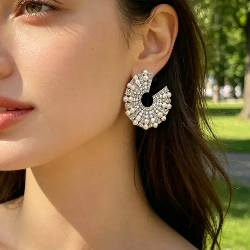 Bilincolor Synthetic Pearl Cluster Fan Geometric Earring for Women