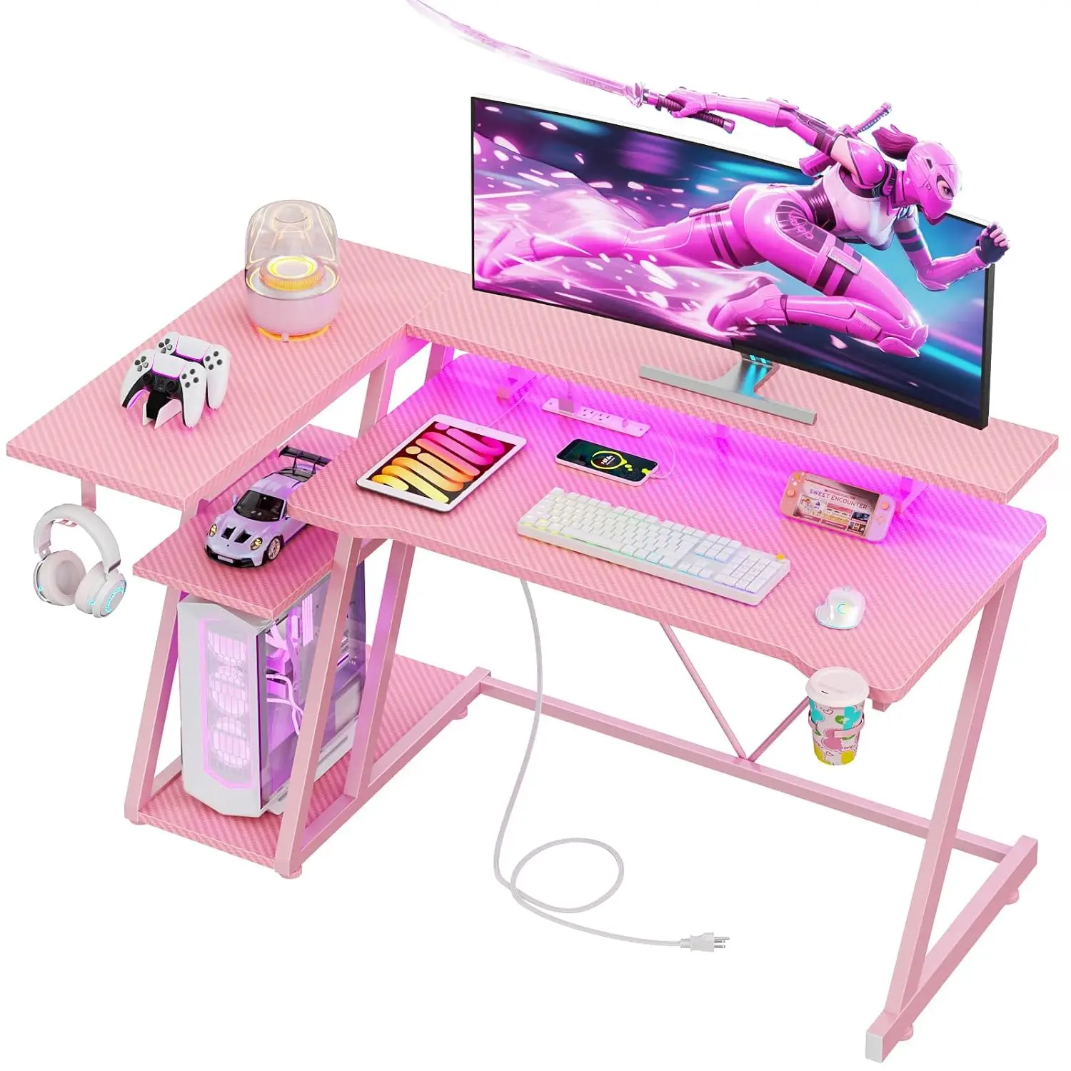 47 Inch Pink Gaming Desk with Power Outlet & LED Lights, Corner Desk with 3 Tiers Shelves, L Desk with Monitor Stand, Customized