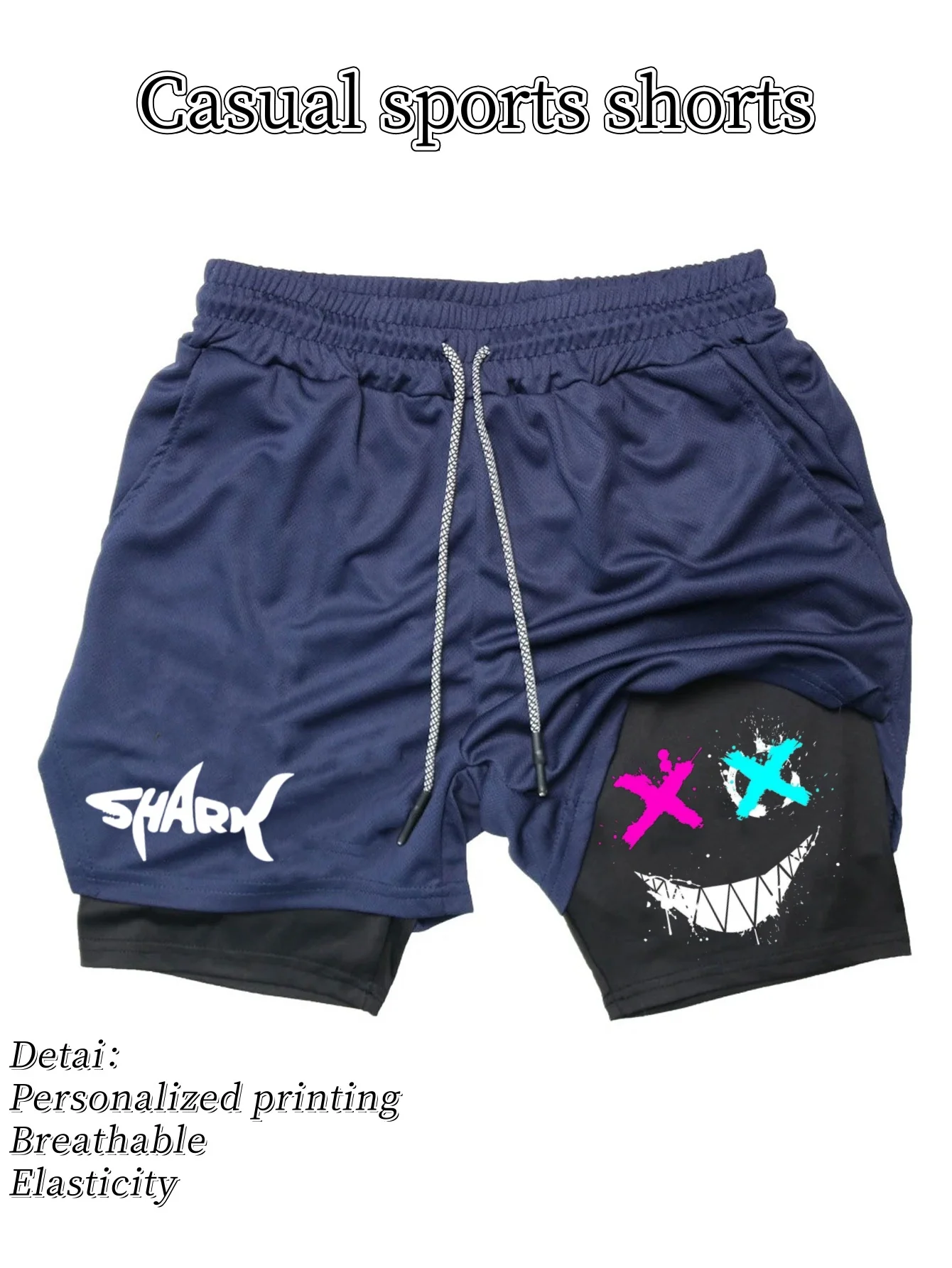 2026 Summer Men's Fashion Casual Double Layer Running Training Shorts with Shark Happy Pattern Printed Sports Gym Shorts view 3