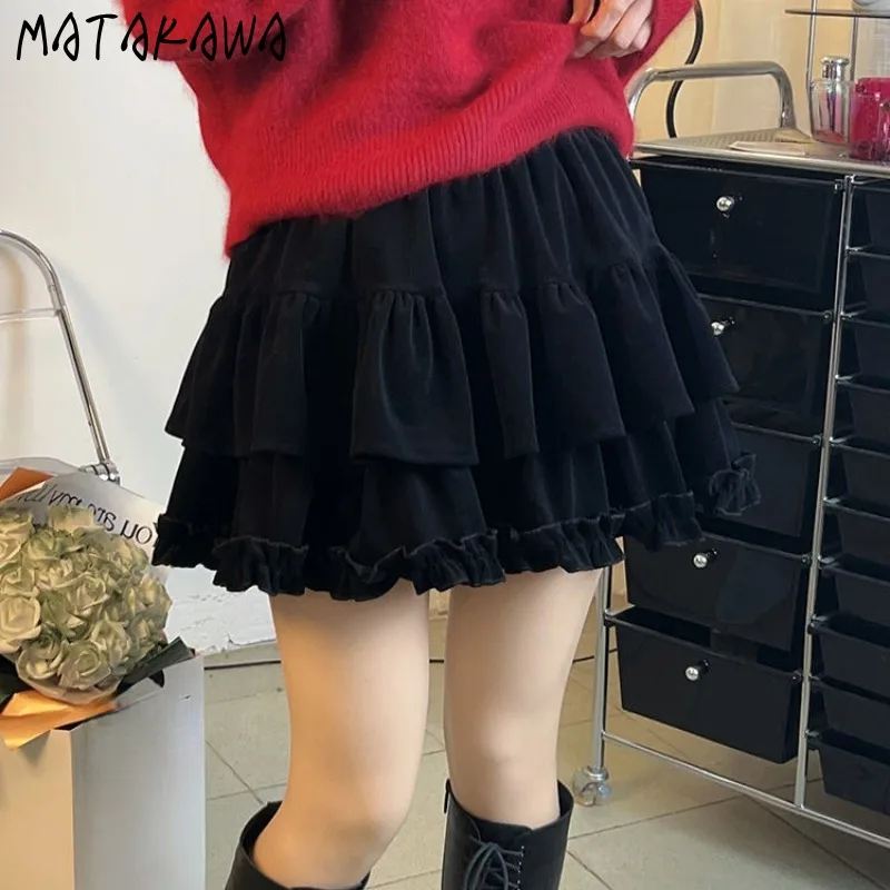 Matakawa Velvet Mini Skirt Ruffles Solid Autumn Winter Japanese Style Sweet Faldas Mujer Fashion Vintage A-line Women Skirts