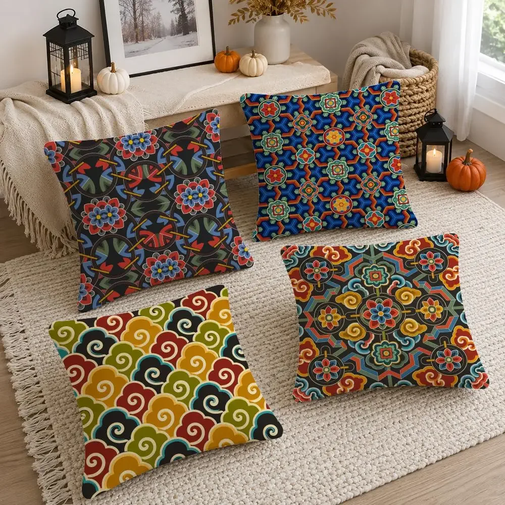 Korean Traditional Dancheong Traditional Ornament Pattern Cushion Cover Soft Fluffy Short Plush  Pillow Case  Sofa Bed Home