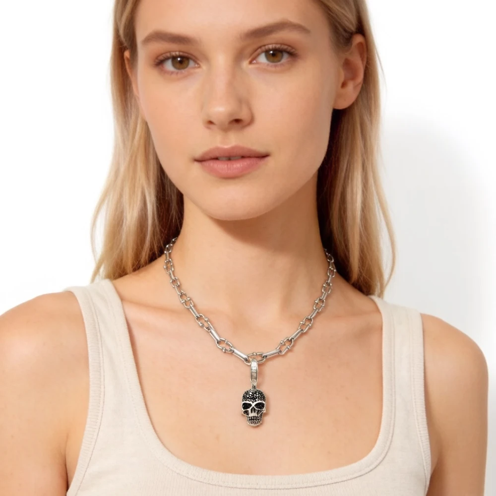 Skull Pave Charm Necklace,2020 Summer Brand New Fashion Jewelry Europe 925 Sterling Silver Bijoux Rebel Steel Gift For Women Men