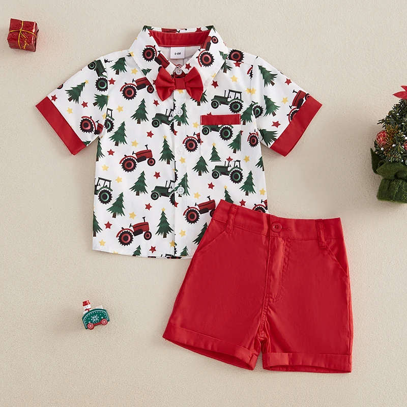 Toddler Boy Christmas Outfit, Tractor Tree Short Sleeve Button Down Shirt Solid Elastic Waist Shorts 2 Piece Set