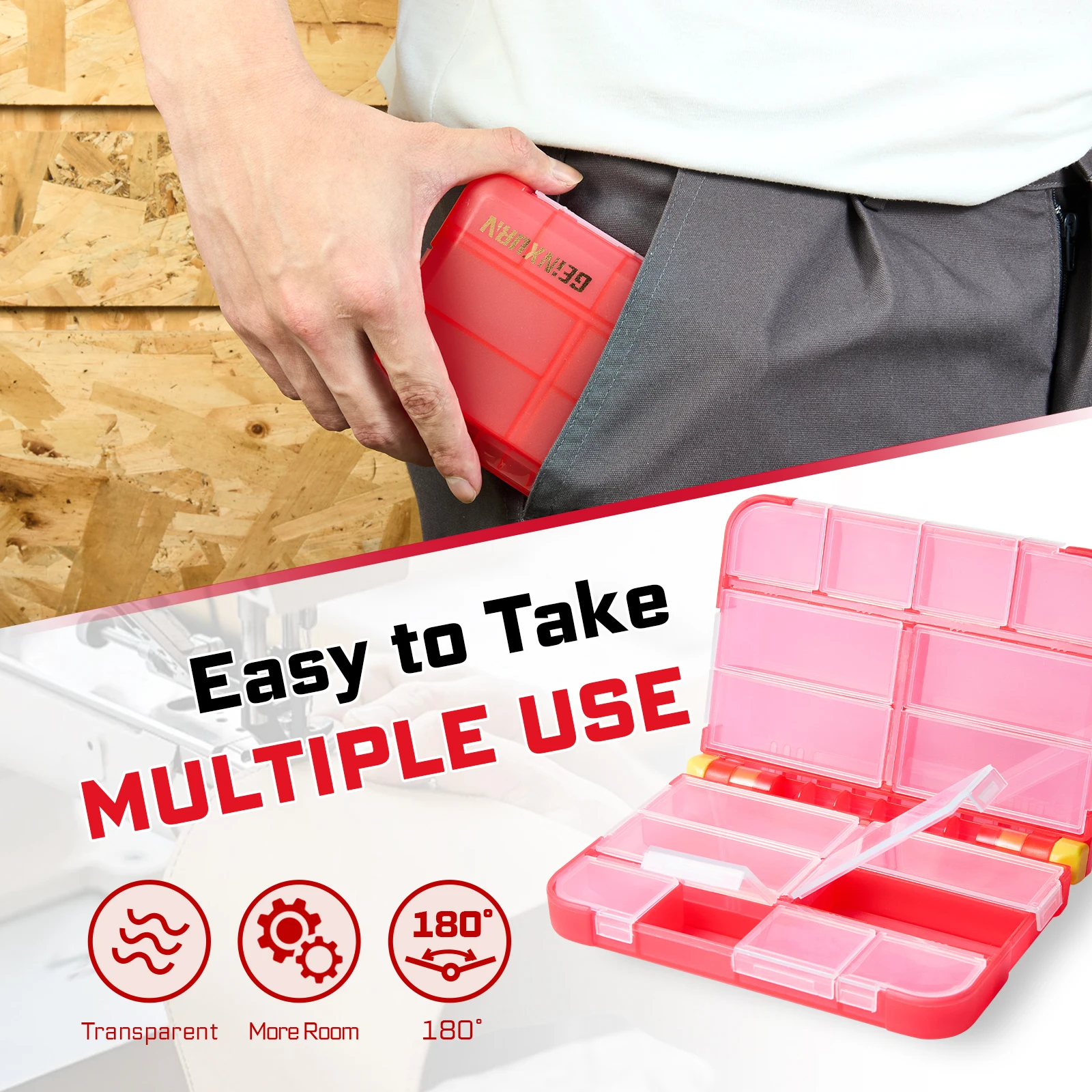 Geinxurn Small Storage Parts Organizer, 2PCS Red Portable Plastic Box with Dividers