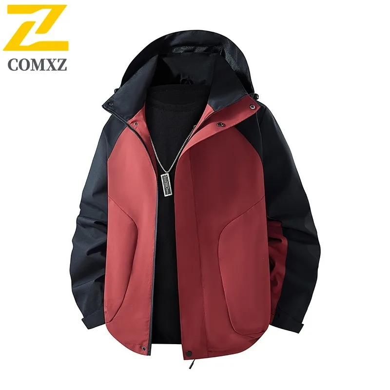 COMXZ Men Detachable Hood Windbreaker  Loose Fit Waterproof Jacket Spring Autumn Outdoor Windproof Sport Coat Lightweight Hiking