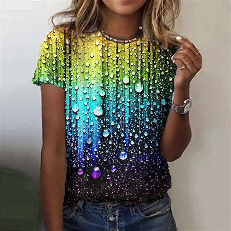 T-Shirt à manches courtes pour femmes, motif de gouttelettes colorées, dégradé imprimé en 3D, t-shirts d'été surdimensionnés, col rond, Y2K