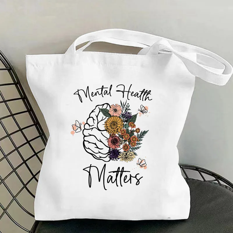 Mental Health Tote Bag Flower Canvas Shoulder Bag High Capacity Psychologist Stylish Therapist Gift