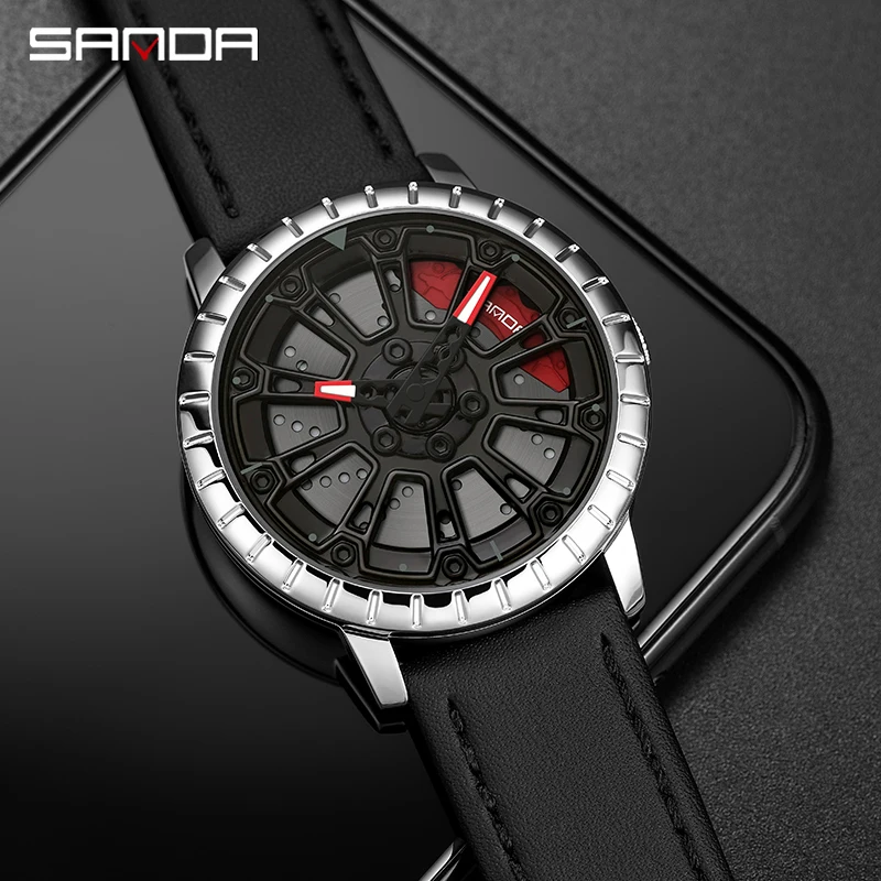 SANDA P1058 2023 ثلاثية الأبعاد مصممة موضة جديدة تصميم الرجال ساعة رياضية ل F1 مروحة سباق السيارات عجلة الساعات حلقة من الجلد ساعات المعصم