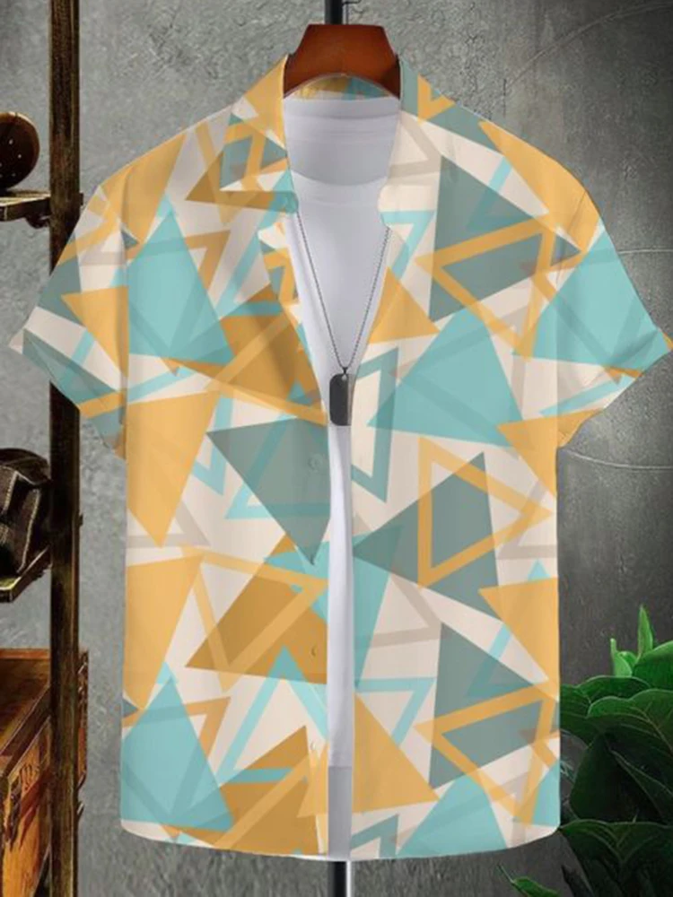 

Trendy Colorful Geometric Print Men's Casual Short Sleeve Lapel Shirt For Summer Vacation Resort Tops For Men Hawaiian Tops