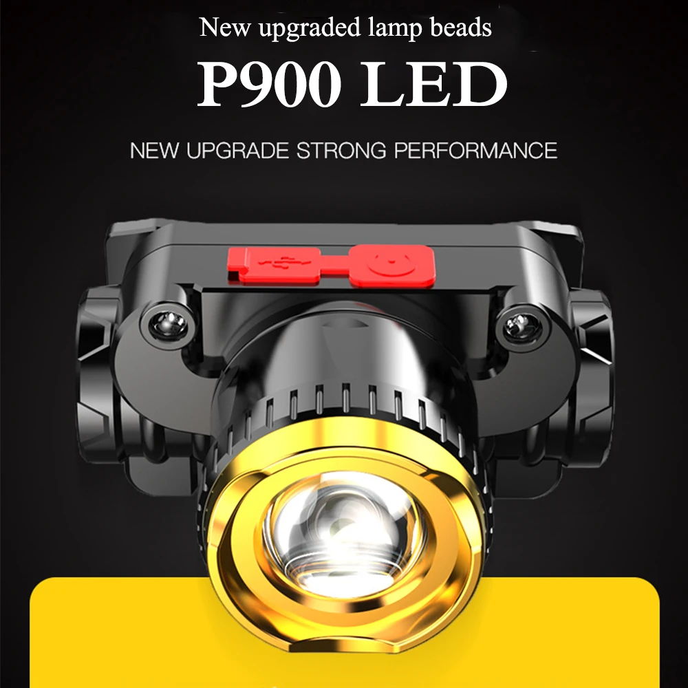 ที่มีประสิทธิภาพ P900 LED USB ชาร์จไฟฉายตกปลาไฟฉายคาดศีรษะหัวกันน้ำไฟฉายแบตเตอรี่