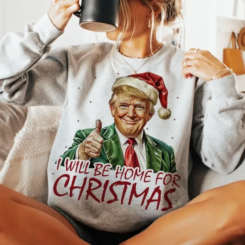 Trump I'll Be Home for Christmas Humorous Trump Christmas T-Shirt Design Clipart Illustration Long Sleeves Shirt Women Tops Gift