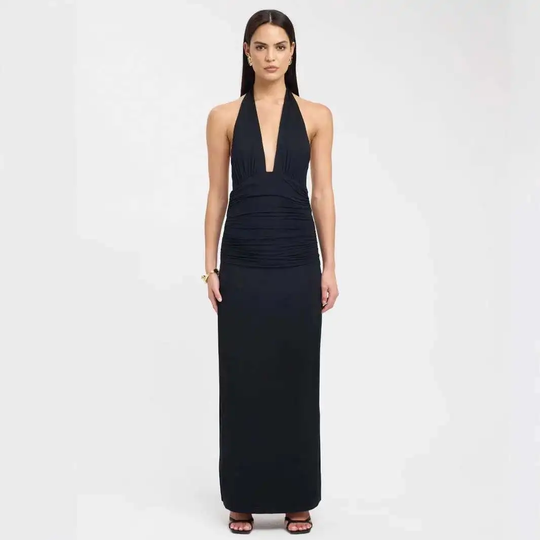 

Новинка лета 2025 года, сексуальный висящий вырез, глубокий v-образный ремень, утягивающий однотонный комбинезон с разрезом, длинное платье, халат, женское платье