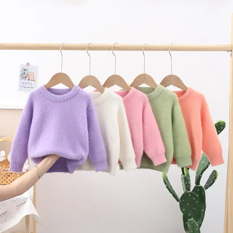 

Flocking Children Fleece Sweater 2022 Pure Color Autumn Furry Knitted Sweater Warm Winter Bottoming Shirt Kids Girl Tops FY09161