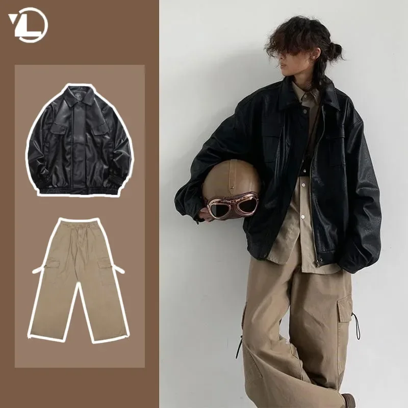 Men Set Japanese Vintage Harajuku Loose PU Leather Jacket+Fashion High Street Drawstring Cargo Pants Two Piece Unisex Suit 2023