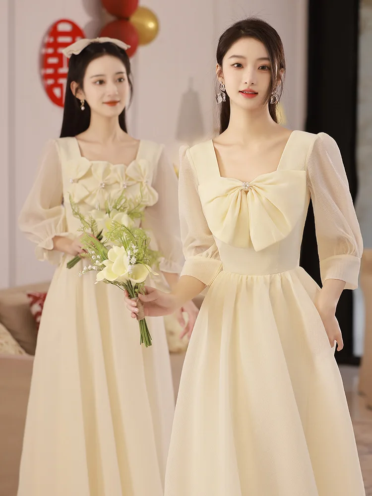 

Chinese Cheongsams Champagne Bridesmaid Dress 2023 Spring New Wedding Slim Sister Dress Host Dress Formal Evening Dresses