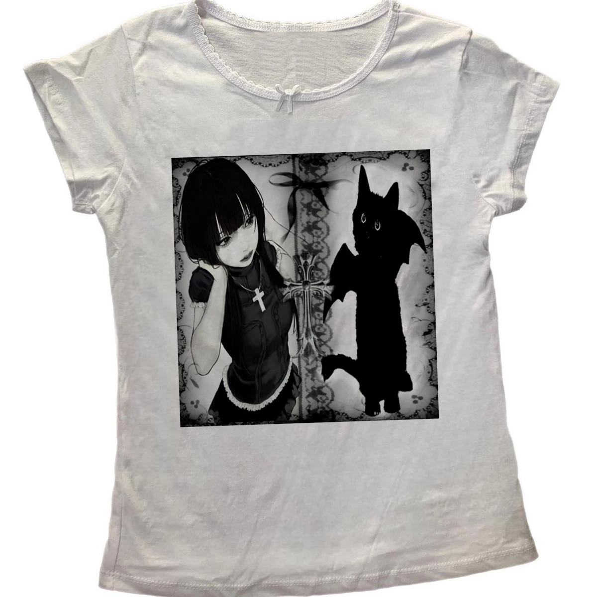 Gothic Anime Girl Demon Black Cat T Shirt Women Yami Kawaii Cross Lace Print Short Sleeve T-shirt Casual Ladies Graphic Tee Top
