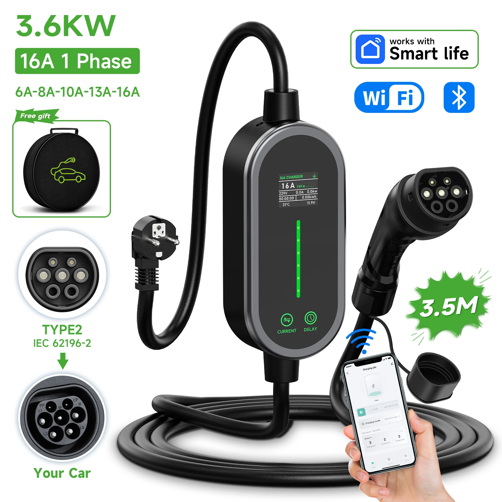 

AFEEV Type 2 EV Charger 3600W 16A Type1 Electric Car Charger EVSE Fast Charging Cable Wallbox WiFi APP Bluetooth Control