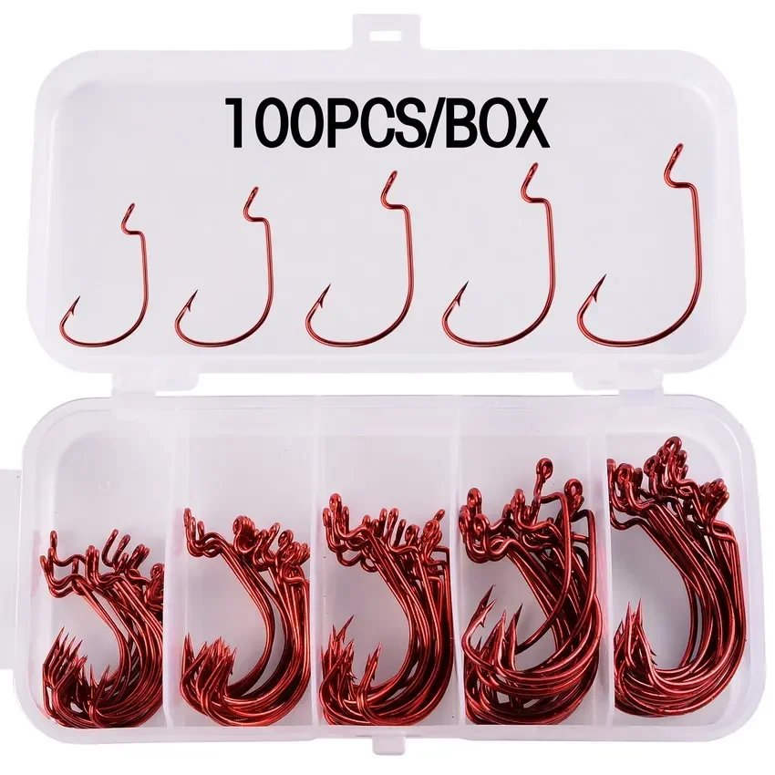 50-100 pcs/box Wide Crank Fishing Hooks Carbon Steel Offset Fishhook 3/0#-2# Bass Barbed Carp Fishing Hook For Soft Worm Lure