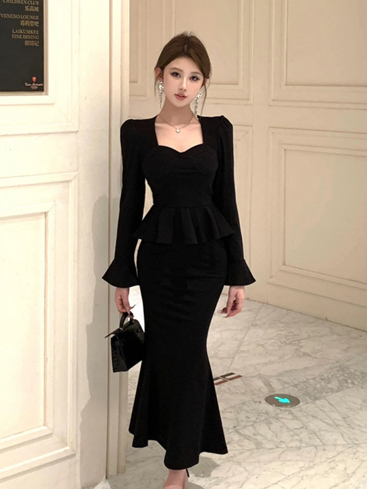 Women Clothes Black Outfits Elegant Lady Mujer Ruffle Square Neck Tops Shirt Blouse And Fishtail Long Skirt 2 Pieces Set Formal