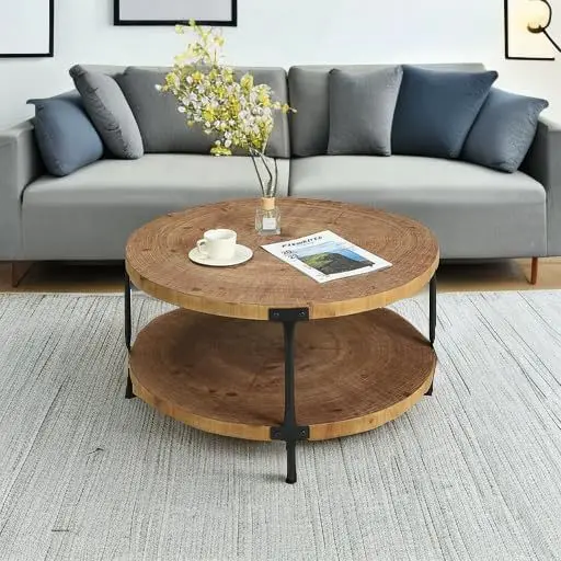 Round bohemian wood coffee table, farmhouse natural round wood double layer coffee table living room furniture