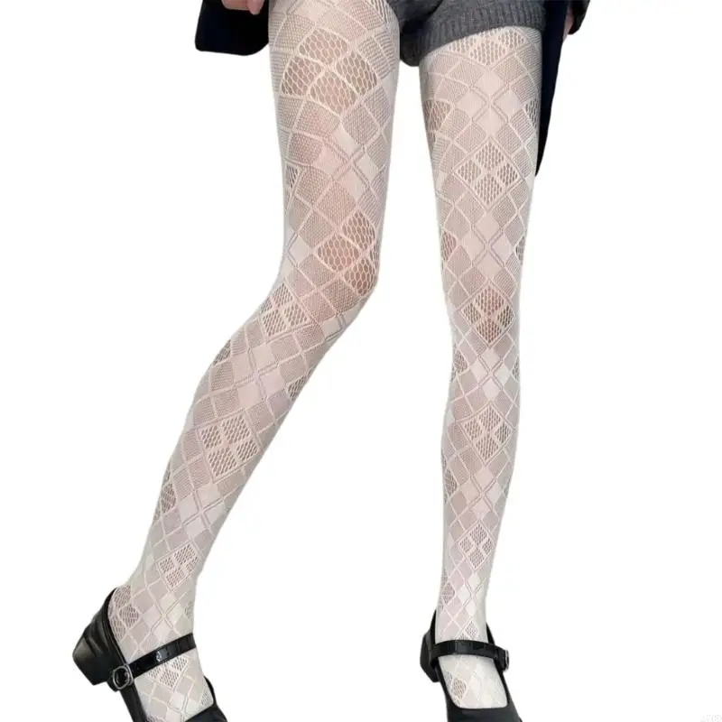 Women Sheer Mesh Tights Checkered Pattern See-Through Pantyhose