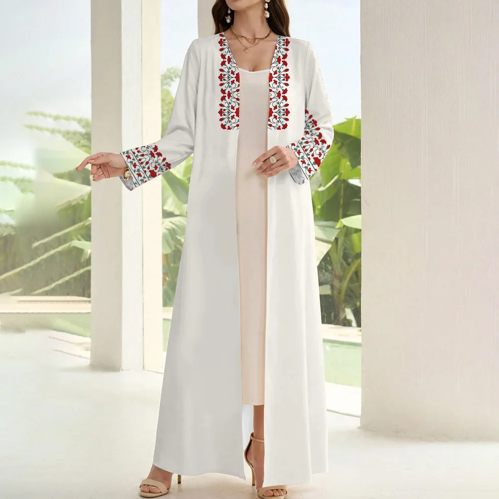 Demure Muslim Islamic Open Kimono Abaya Women Two Pieces Long Sleeve Arab Turkey Coat Abaya Dubai Luxury Print Marocain Cardigan
