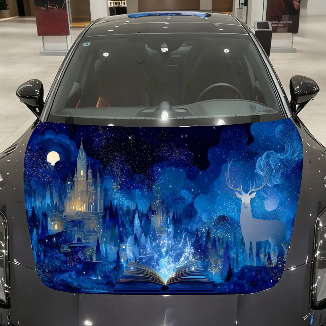

Magic Book White Elk Castle Butterfly Car Vinyl Wrap, PVC Material Waterproof Car Hood Sticker, Self-Adhesive Scratch-Resistant